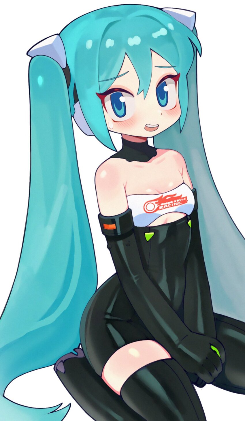 1girl aqua_hair bare_shoulders batrobin_k black_bodysuit black_gloves blue_eyes blush bodysuit boots breasts clothing_cutout cropped elbow_gloves gloves goodsmile_company goodsmile_racing hair_between_eyes hatsune_miku highres long_hair looking_at_viewer open_mouth race_queen racing_miku racing_miku_(2022) simple_background sitting skindentation small_breasts smile solo strapless sweatdrop teeth thigh_boots twintails v_arms very_long_hair vocaloid wariza white_background