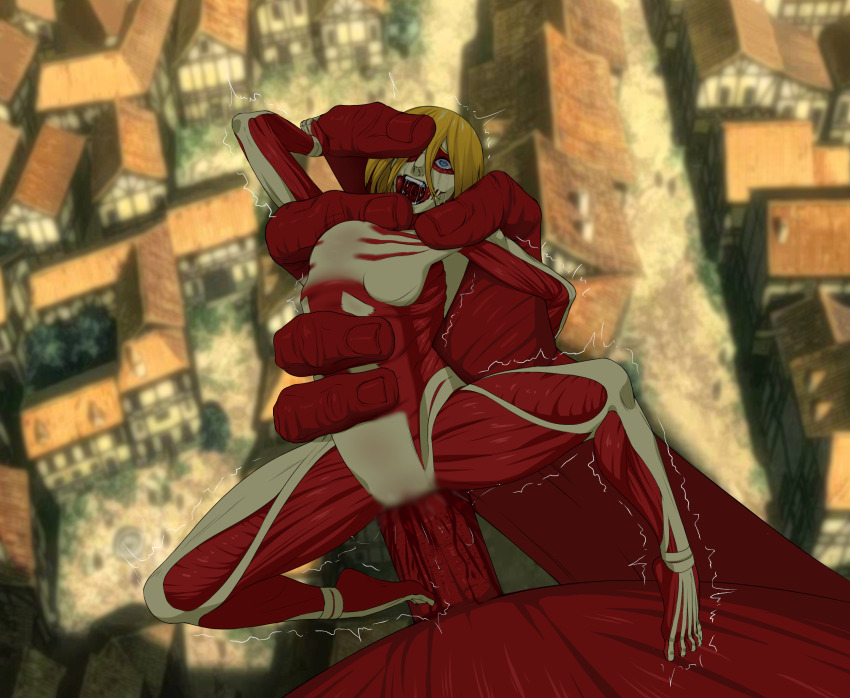 1girl annie_leonhart blonde_hair blue_eyes blur_censor censored colossal_titan crying crying_with_eyes_open exposed_muscle female_focus female_titan giant large_insertion motion_lines no_nipples open_mouth rape shaking shingeki_no_kyojin size_difference tears titan_(shingeki_no_kyojin) yure