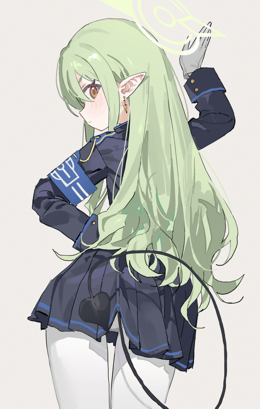 1girl arm_up armband ass black_jacket black_skirt black_tail blue_archive blue_armband brown_eyes closed_mouth demon_girl demon_tail earrings from_behind gloves green_hair green_halo grey_background halo highres hikari_(blue_archive) jacket jewelry long_hair long_sleeves looking_at_viewer looking_back measho miniskirt pantyhose pleated_skirt pointy_ears simple_background skirt solo tail wavy_hair white_gloves white_pantyhose