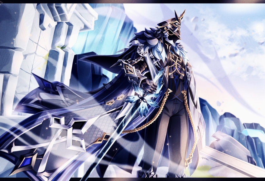1boy arm_up armor black_coat black_fur black_helmet black_pants capitano_(genshin_impact) coat commentary_request floating_clothes fur-trimmed_coat fur_trim gauntlets genshin_impact helmet highres holding holding_sword holding_weapon letterboxed male_focus pants standing sword uouzzz weapon wind