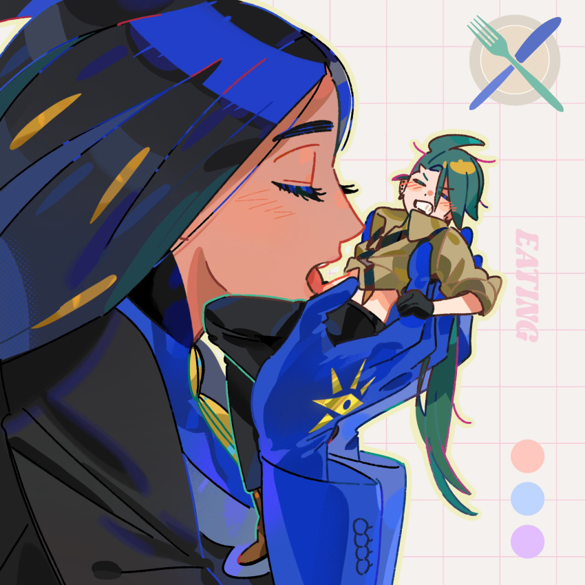 2girls =_= black_hair black_necktie black_pants blue_gloves blush brown_shirt chinese_commentary clenched_teeth closed_eyes color_guide commentary_request from_side geeta_(pokemon) giant giantess gloves green_hair grid_background hands_up highres in_palm long_hair low_ponytail multiple_girls nanaasuzy necktie nintendo open_mouth pants pokemon pokemon_sv ponytail rika_(pokemon) shirt size_difference teeth upper_body yuri