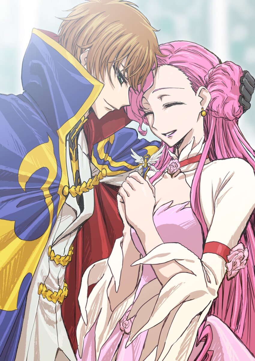 1boy 1girl arm_around_neck blue_cape breasts brown_hair cape cleavage closed_eyes code_geass commentary_request donut_hair_bun dress earrings euphemia_li_britannia green_eyes hair_bun hetero highres jacket jewelry kudou_masashi kururugi_suzaku medium_breasts pink_dress pink_hair single_side_bun smile two-sided_cape two-sided_fabric white_jacket