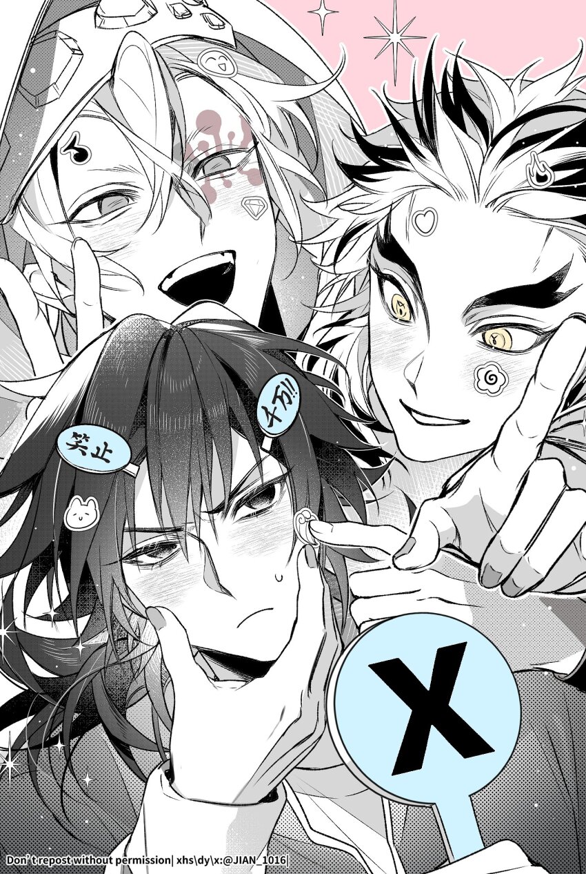 3boys closed_mouth commentary_request empty_eyes fingernails hair_between_eyes highres holding holding_sign hood hood_up kimetsu_no_yaiba long_hair low_ponytail male_focus multicolored_hair multiple_boys open_mouth partially_colored pianjian pink_background ponytail rengoku_kyoujurou sign smile spiked_hair sweatdrop teeth tomioka_giyuu two-tone_hair upper_body upper_teeth_only uzui_tengen yellow_eyes
