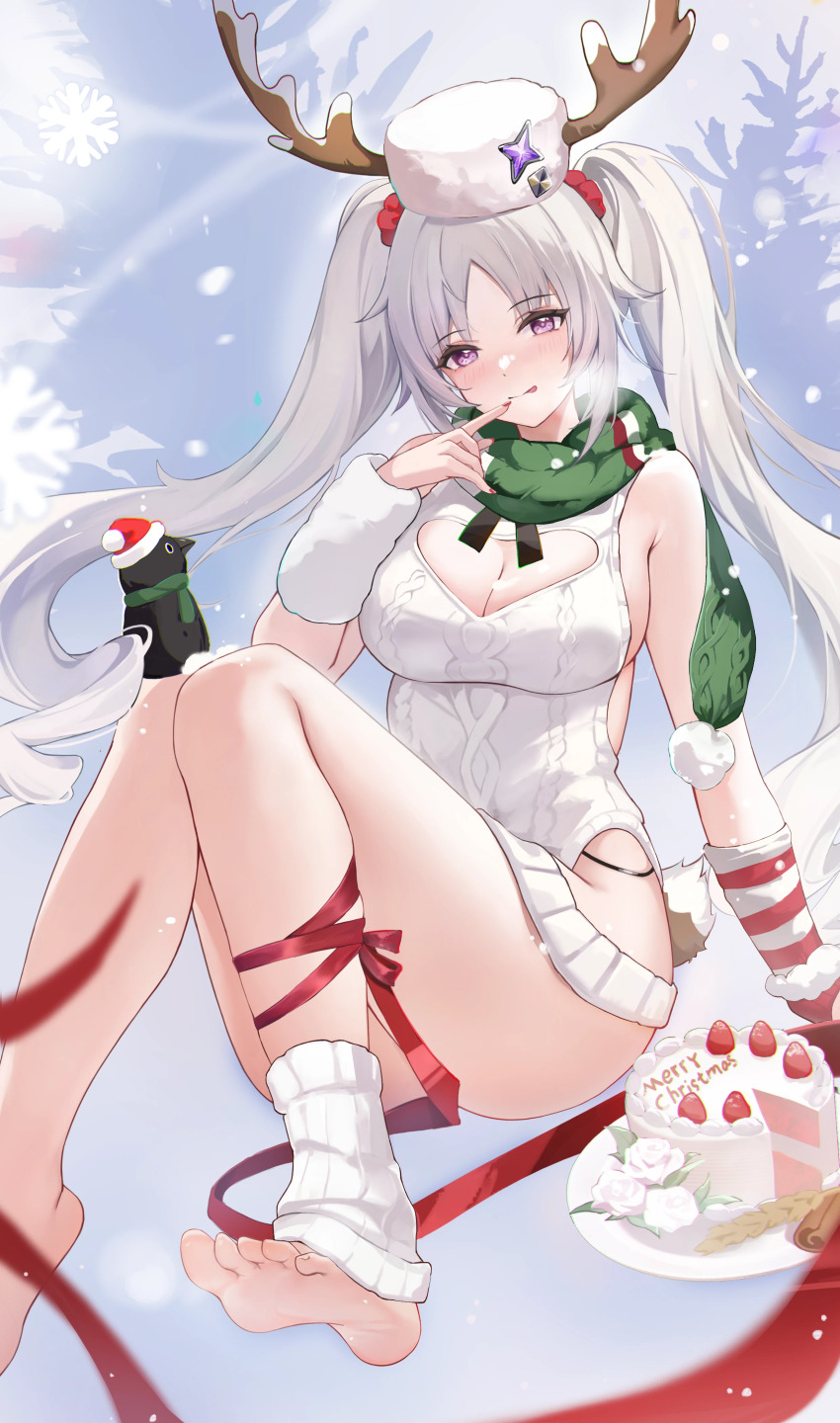 1girl absurdres antlers arm_support arm_warmers baige_chen bare_shoulders barefoot bird blush breasts breath cake chinese_commentary cleavage cleavage_cutout closed_mouth clothing_cutout commentary_request fake_tail feet finger_to_mouth floating_hair food fruit fur_arm_warmers fur_hat green_scarf grey_sky hand_up hat head_tilt heart_cutout highres hip_vent horns horns_through_headwear knees_up large_breasts laru_(snowish)_(stella_sora) laru_(stella_sora) leg_ribbon leg_warmers legs licking_lips light_particles long_hair looking_at_viewer merry_christmas nail_polish panty_straps papakha parted_bangs penguin plate pom_pom_(clothes) purple_eyes red_nails red_ribbon ribbon santa_hat scarf sideboob sidelocks sky sleeveless sleeveless_sweater snow snowflakes snowing soles solo star_(symbol) stella_sora strawberry striped_arm_warmers sweater tail thighs toenails toes tongue tongue_out tree twintails very_long_hair white_hair white_hat white_leg_warmers white_sweater