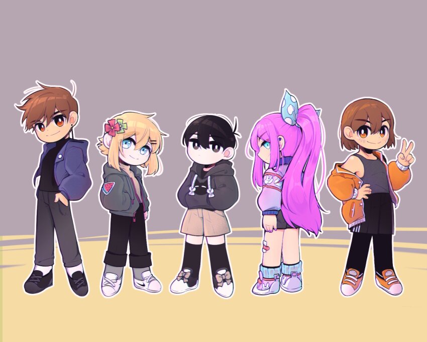 1girl 4boys alternate_costume alternate_eye_color alternate_hairstyle antenna_hair black_eyes black_hair black_hoodie black_pants black_shoes black_shorts black_socks blonde_hair blue_eyes blue_jacket blue_ribbon blush bright_pupils brothers brown_eyes brown_hair brown_shorts chibi chibi_only closed_mouth dark-skinned_male dark_skin double-parted_bangs ear_piercing flower forest_bunny_(omori) green_jacket hair_between_eyes hair_flower hair_ornament hair_ribbon hairclip hands_in_pockets highres hood hood_down hooded_jacket hoodie jacket kneehighs looking_at_viewer mewo morivivi3 multiple_boys omori open_clothes open_jacket orange_jacket orange_shoes pants parallel_hairclips piercing pink_hair pink_jacket pink_shoes polka_dot polka_dot_ribbon ponytail ribbon shoes short_hair shorts siblings smile sneakers socks source_request third-party_source unzipped v white_pupils white_shoes white_socks