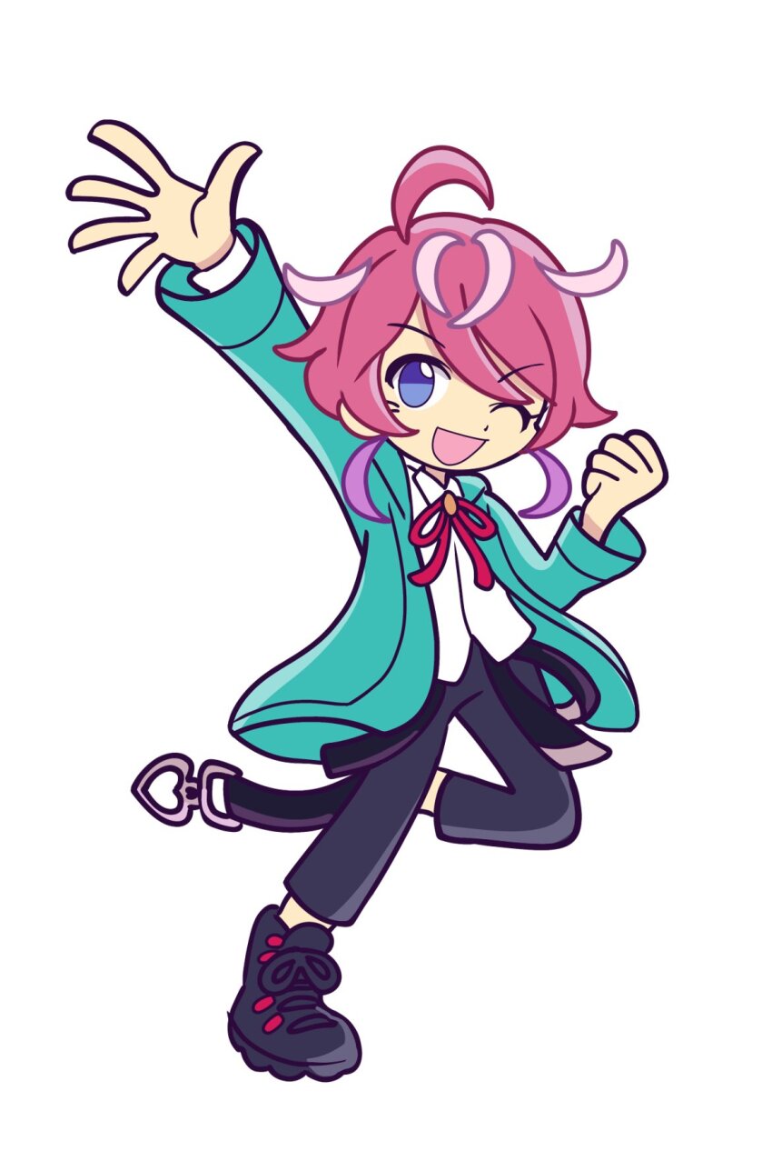 1boy ;d ahoge amemura_ramuda ankle_boots aqua_jacket arm_up belt black_belt black_boots black_pants blue_eyes boots buckle capri_pants clenched_hand collared_shirt commentary cowlick full_body hand_up heart heart-shaped_buckle highres hood hood_down hooded_jacket hypnosis_mic jacket kermitrolling lace-up_boots long_sleeves looking_at_viewer male_focus multicolored_hair neck_ribbon one_eye_closed open_clothes open_hand open_jacket open_mouth outstretched_arm pants parody parted_bangs pink_hair pink_streaks purple_hair puyopuyo red_ribbon ribbon shirt short_hair_with_long_locks sidelocks simple_background smile solo standing standing_on_one_leg streaked_hair style_parody takenami_hideyuki_(style) v-shaped_eyebrows white_background white_shirt