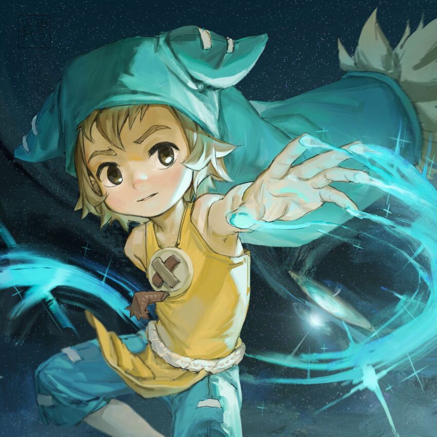 1boy blonde_hair blue_shorts brown_eyes chenyige child hat highres magic male_focus outstretched_arm shirt short_hair shorts sleeveless solo space wakfu yugo_(wakfu)