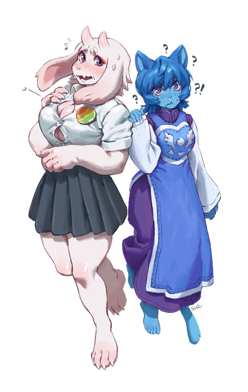 !? ? animal_ears barefoot blue_fur blue_hair breasts bursting_breasts cat_ears cat_tail claws commentary confused cosplay costume_switch crossover english_commentary fangs flying_sweatdrops furry furry_female goat_ears goat_girl goat_horns highres horns huge_breasts mature_female nervous_sweating nicole_watterson open_mouth personification robe skirt starcat_bloom sweat tail the_amazing_world_of_gumball toriel undertale utdr_(toby_fox) white_fur