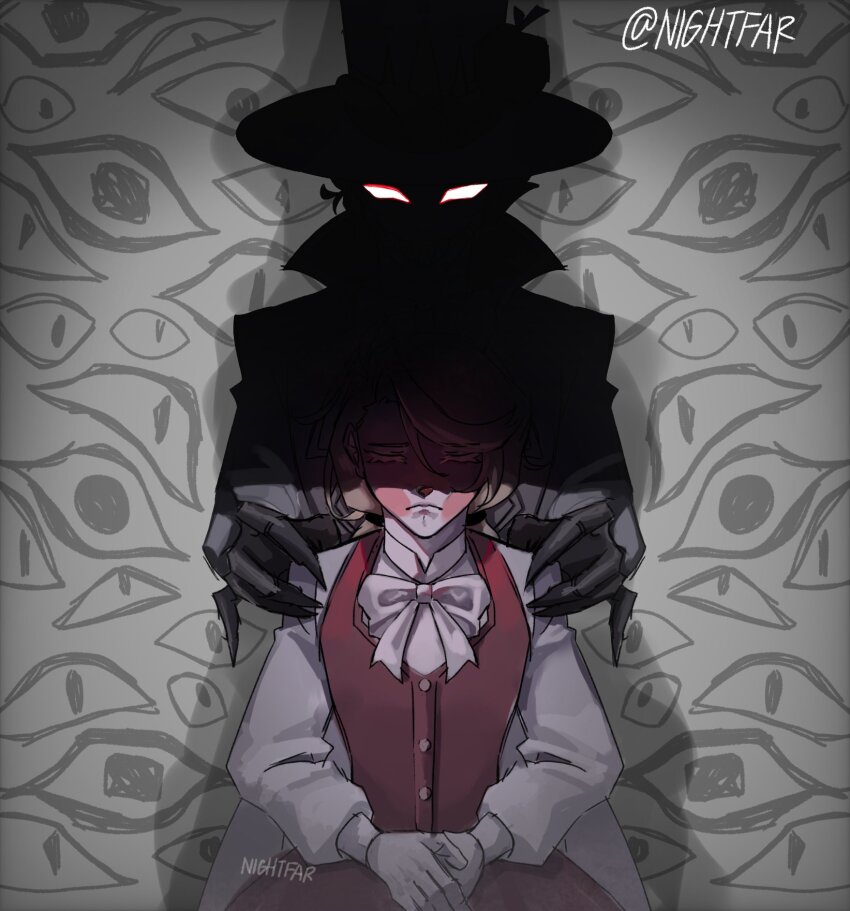 1boy 1girl artist_name blonde_hair blush_stickers bow bowtie charlie_morningstar claws closed_eyes commentary english_commentary facing_viewer glowing glowing_eyes hands_on_another's_shoulders hat hazbin_hotel hellaverse highres long_hair long_sleeves lucifer_morningstar_(hazbin_hotel) nightfar puffy_long_sleeves puffy_sleeves red_vest swept_bangs top_hat vest white_bow white_bowtie white_eyes