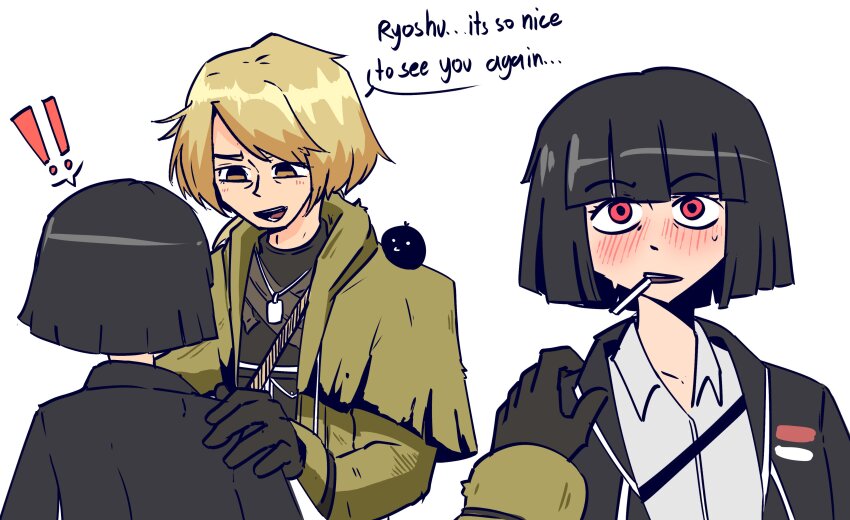 ! !! 1boy 1girl a_certain_sinclair_(project_moon) absurdres black_gloves black_hair blonde_hair blush cigarette collared_shirt dog_tags english_text gloves highres jewelry limbus_company necklace project_moon red_eyes ryoshu_(project_moon) shirt short_hair simple_background sinclair_(project_moon) smoking starlinkman upper_body white_background white_shirt yellow_eyes