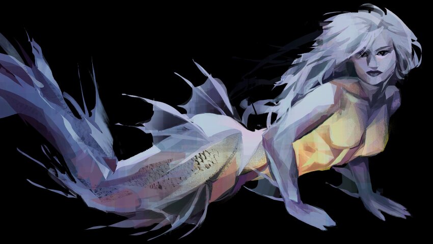 1girl arm_fins black_background black_eyes black_lips colored_skin commentary expressionless full_body glowing highres long_hair looking_at_viewer mermaid monster_girl nude original painterly purple_skin simple_background solo symbol-only_commentary twulfs white_hair