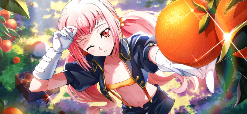 1girl anya_alstreim code_geass code_geass:_lost_stories f4samurai food fruit game_cg gloves highres long_hair low_twintails official_art one_eye_closed orange_(fruit) pink_eyes pink_hair red_eyes solo twintails white_gloves