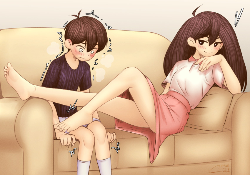 1boy 1girl 2021 age_difference ahoge antenna_hair bare_arms bare_legs barefoot black_eyes black_hair black_shirt blush bright_pupils brother_and_sister cabronpr commentary couch english_commentary feet fingernails hair_behind_ear hatching_(texture) hetero highres incest knee_up long_hair looking_at_another mari_(faraway)_(omori) mari_(omori) official_alternate_eye_color omori on_couch onee-shota pink_skirt reclining shirt short_hair short_sleeves siblings signature sitting skirt smile socks soles sunny_(omori) t-shirt teasing toenails toes trembling very_long_hair very_short_hair white_pupils white_shirt white_socks