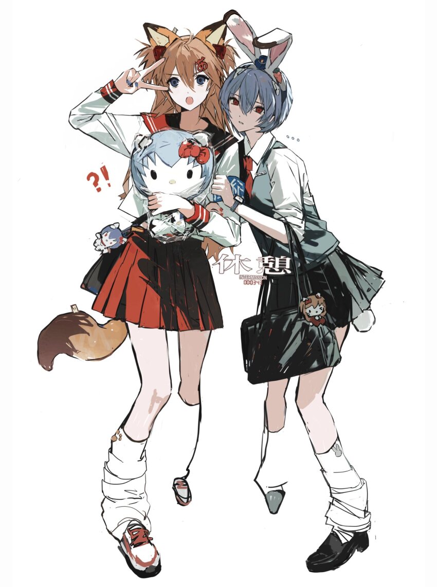 !? ... 2girls animal_ear_hairband animal_ears ayanami_rei bag bag_charm black_bag black_shoes black_skirt blue_hair blue_nails character_charm charm_(object) collarbone commentary fake_animal_ears fake_tail fox_ears fox_tail full_body grey_eyes hair_between_eyes hair_ornament hairband hairclip half_updo headgear hello_kitty_(character) highres loafers long_hair loose_socks multiple_girls nail_polish necktie neon_genesis_evangelion open_mouth orange_hair parted_lips pleated_skirt rabbit_ears rabbit_tail red_eyes red_necktie red_sailor_collar red_skirt sailor_collar school_uniform serafuku shirt shoes short_hair shoulder_bag shuishuisama skirt sneakers socks souryuu_asuka_langley symbol-only_commentary tail twintails v vest watch white_background white_shirt white_shoes white_socks wristwatch