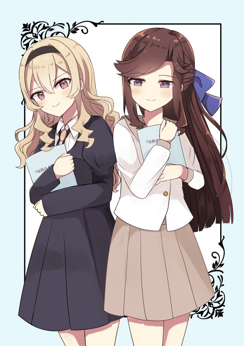2girls absurdres alternate_costume black_dress black_hairband blonde_hair blue_border blue_bow blush book border bow brown_hair brown_sailor_collar brown_skirt closed_mouth collared_shirt commentary_request cowboy_shot dress hair_between_eyes hair_bow hairband hands_up highres holding holding_book hugging_book hugging_object juliet_sleeves long_hair long_sleeves looking_at_another looking_at_viewer looking_to_the_side multiple_girls neck_ribbon ornate_border outside_border parted_bangs pink_eyes pleated_dress pleated_skirt puffy_sleeves purple_eyes ribbon ringopai315 saijou_claudine sailor_collar school_uniform serafuku shirt shoujo_kageki_revue_starlight side-by-side sidelocks sideways_glance simple_background skirt smile standing tendou_maya very_long_hair wavy_hair white_background white_shirt