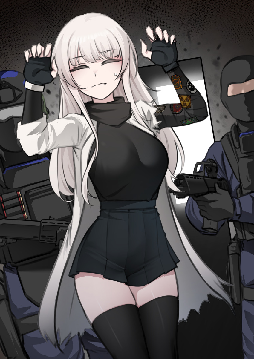 1girl 2boys absurdres ammunition arms_up assault_rifle at_gunpoint balaclava black_gloves black_helmet black_mask black_ribbon black_skirt black_vest blue_shirt breasts bulletproof_vest closed_eyes closed_mouth coat combat_helmet commentary doorway english_commentary fingerless_gloves frown gloves gun h&amp;k_g36 helmet highres holster k0ng large_breasts long_hair long_sleeves miniskirt multiple_boys open_clothes open_coat original pleated_skirt pump_action ribbon rifle shirt shotgun shotgun_shell skirt spas-12 surrendering sweatdrop sweater sweater_tucked_in thighhighs torn_clothes torn_coat turtleneck turtleneck_sweater very_long_hair vest weapon white_coat white_hair zettai_ryouiki