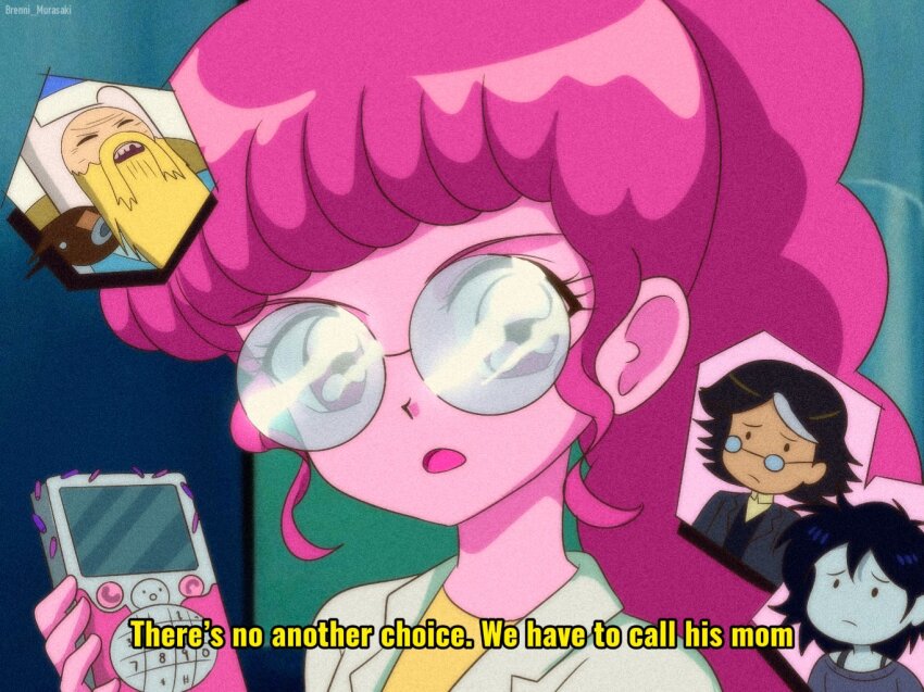 1990s_(style) 1girl 3boys adventure_time adventure_time:_fionna_and_cake brenni_murasaki clip_studio_paint_(medium) colored_skin finn_the_human glasses grey_skin long_hair marshall_lee marshall_lee_(human) multiple_boys open_mouth phone pink_hair pink_skin princess_bonnibel_bubblegum retro_artstyle scene_reference simon_petrikov spoilers very_long_hair
