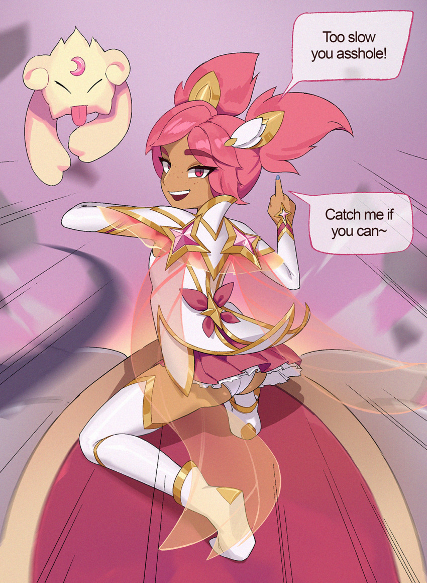 1girl ass blue_nails boots dark-skinned_female dark_skin english_text female_focus fingernails flat_chest freckles frilled_skirt frills from_behind full_body hands_up henz_(ketchupp) kusogaki league_of_legends loli looking_at_viewer looking_back matching_hair/eyes middle_finger nail_polish on_one_knee open_mouth panties pink_eyes pink_hair pink_skirt shirt short_hair short_twintails skirt sleeveless sleeveless_shirt smile solo speech_bubble star_guardian_(league_of_legends) star_guardian_taliyah taliyah teeth thick_eyebrows thigh_boots turning_head twintails underwear upper_teeth_only white_boots white_panties white_shirt