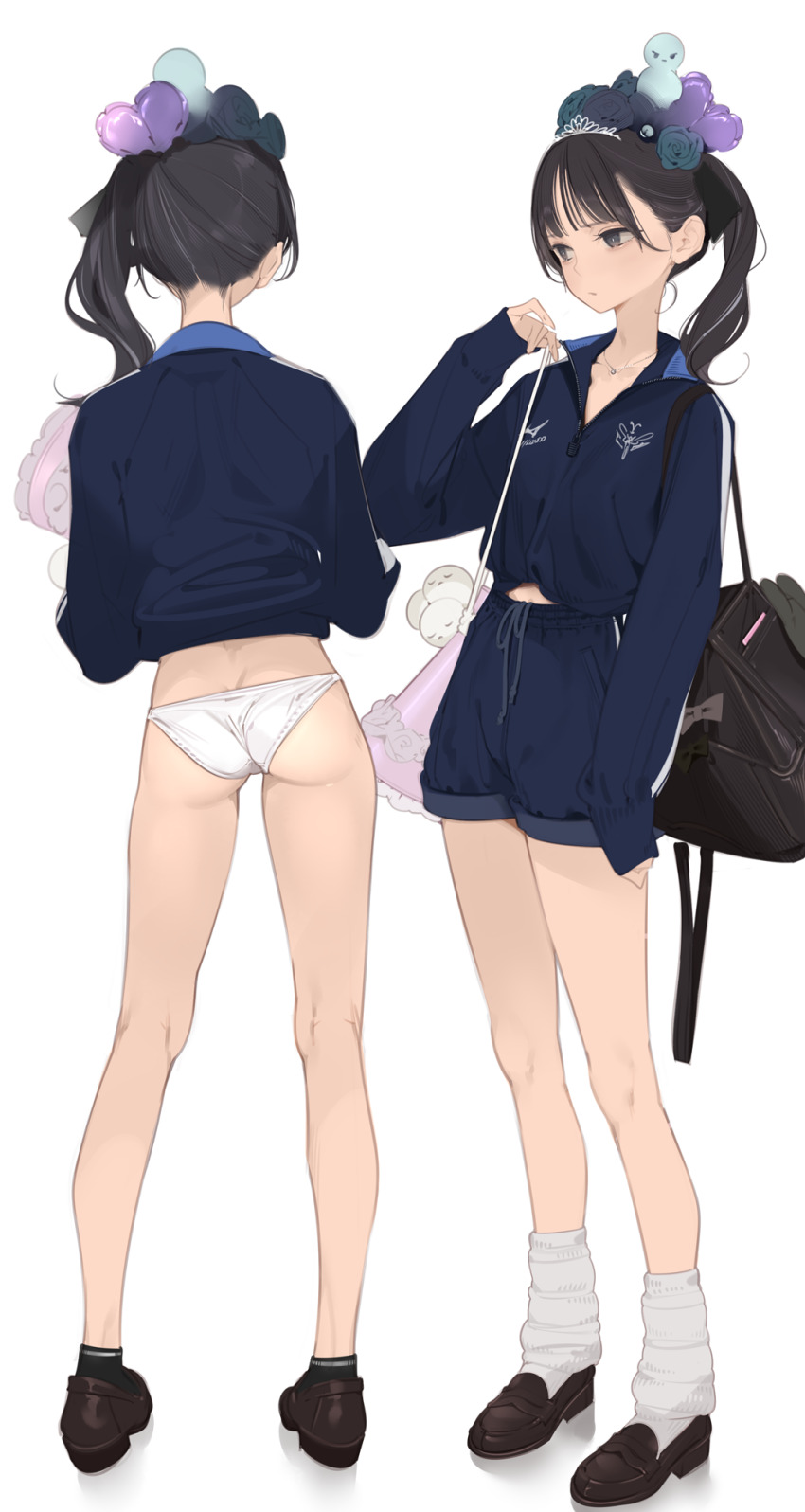 1girl ama_mitsuki ankle_socks ass bag bikini black_hair blue_jacket blue_shorts breasts brown_shoes commentary_request flower from_behind hair_flower hair_ornament highres jacket kneehighs loafers long_sleeves loose_socks multiple_views no_pants shoes shorts shoulder_bag side_ponytail simple_background small_breasts socks standing swimsuit thighs white_background white_bikini white_socks