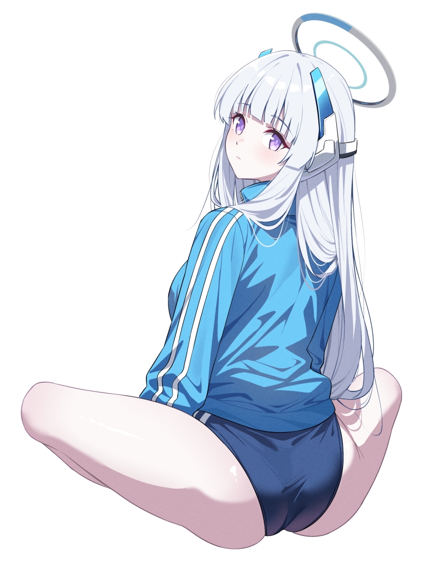 1girl alternate_costume ass blue_archive blue_buruma blue_jacket blush buruma closed_mouth commentary expressionless from_behind halo highres indian_style jacket long_hair noa_(blue_archive) purple_eyes reia_76 sidelocks sitting solo white_hair white_halo