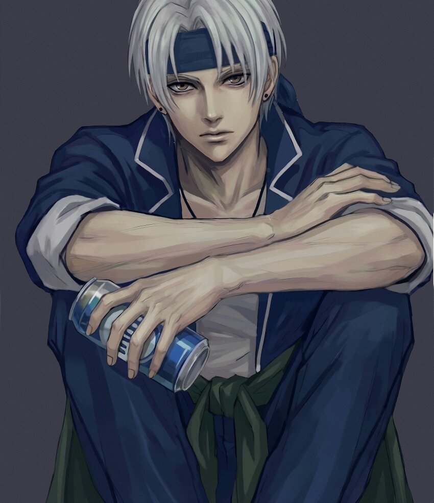 1boy absurdres blue_headband blue_jacket blue_pants brown_eyes can closed_mouth commentary drink_can earrings english_commentary feet_out_of_frame final_fantasy final_fantasy_vi green_sash grey_background grey_hair headband highres holding holding_can hugging_own_legs jacket jewelry locke_cole locke_otaku looking_at_viewer male_focus necklace pants parted_bangs sash shirt short_hair sitting sleeves_rolled_up solo waist_sash white_shirt