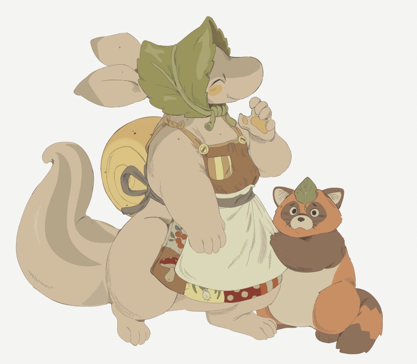 1boy 1girl absurdres apron commentary english_commentary furry giggling grabbing_another's_leg highres leaf_hat mother_and_son original quilted_apron red_panda shell simple_background snail sorochii standing white_background