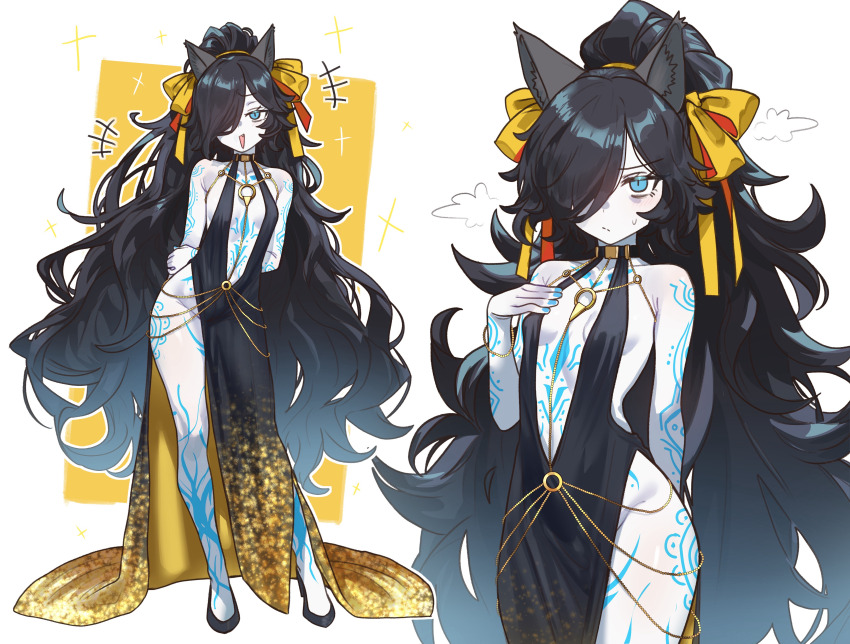 1girl :> :/ absurdres animal_ears arms_behind_back bare_arms bare_shoulders bb_(fate) bb_dubai_(fate) bb_dubai_(fate)_(cosplay) black_dress black_hair black_shoes blue_eyes blue_nails blue_tattoo breasts cat_ears cat_girl closed_mouth collared_halterneck colored_skin contrapposto cosplay dark_kasli_(nyanko_daisensou) dress ebora evening_gown fate/grand_order fate_(series) gold gold_dress gradient_clothes gradient_dress hair_over_one_eye halter_dress halterneck high_heels high_ponytail highres kasli_(nyanko_daisensou) long_hair looking_at_viewer multiple_views nail_polish no_panties nyanko_daisensou o-ring open_mouth ponytail shoes small_breasts smile sweatdrop swept_bangs very_long_hair wavy_hair white_skin