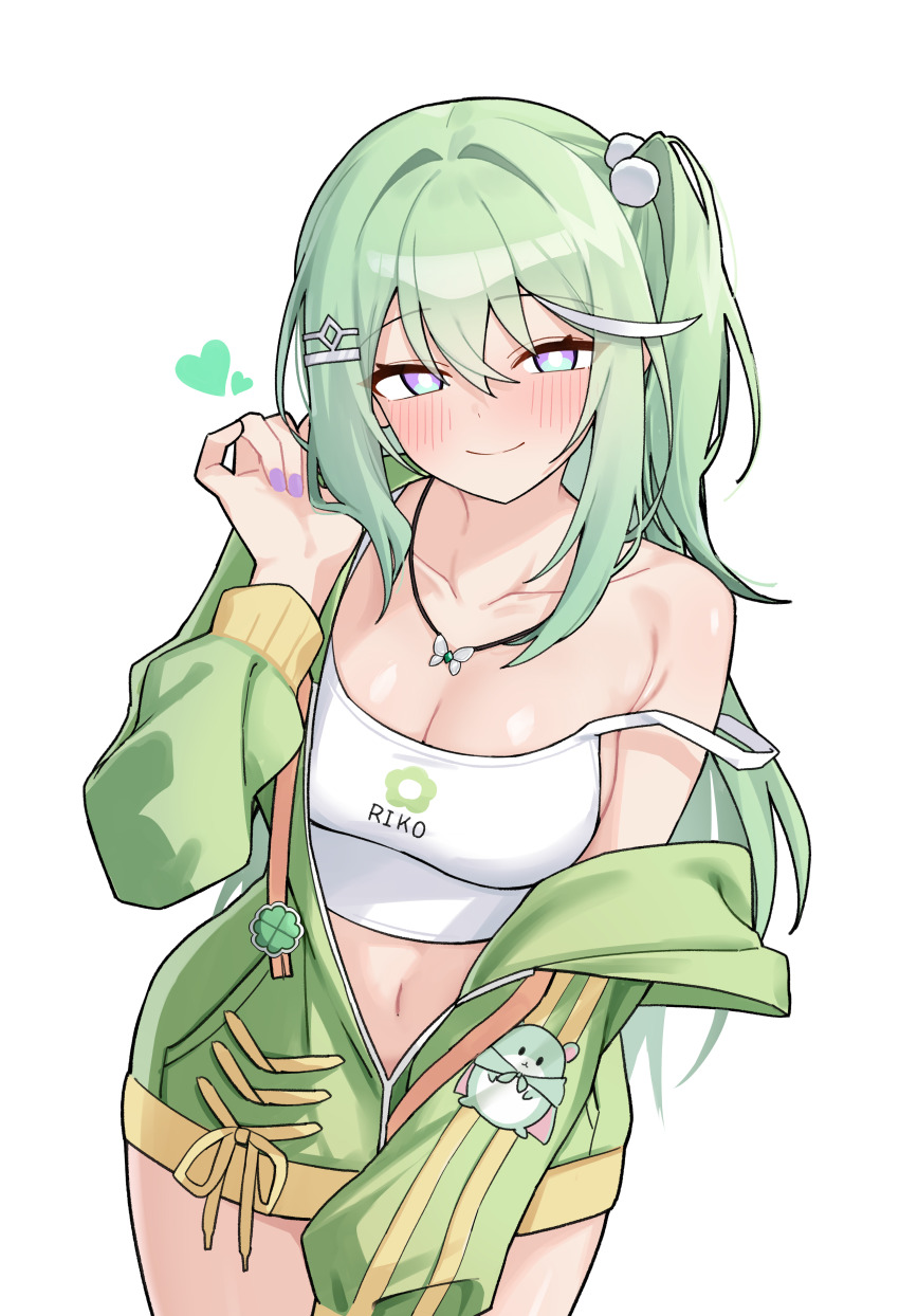1girl absurdres armpit_crease blush breasts bright_pupils butterfly_necklace camisole character_name character_print chico_(yuzuha_riko) choppy_bangs cleavage closed_mouth colored_pubic_hair commentary cowboy_shot crop_top fingernails green_hair green_jacket hair_between_eyes hair_ornament hairclip hand_up heart highres jacket jewelry korean_commentary large_breasts long_bangs long_hair long_sleeves maksagwa midriff multicolored_eyes multicolored_hair nail_polish navel necklace no_pants one_side_up open_clothes open_jacket print_camisole print_jacket pubic_hair purple_nails purple_pubic_hair simple_background single_off_shoulder smile solo spaghetti_strap standing stellive strap_slip streaked_hair two-tone_eyes virtual_youtuber white_background white_camisole white_pupils yuzuha_riko