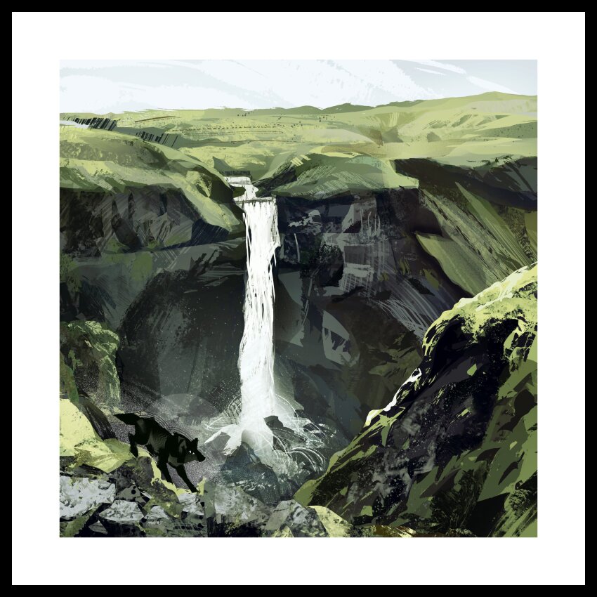 absurdres animal border clear_sky climbing commentary day highres mountainous_horizon nature no_humans original outdoors painterly scenery sea_spray sky twulfs valley water waterfall white_border