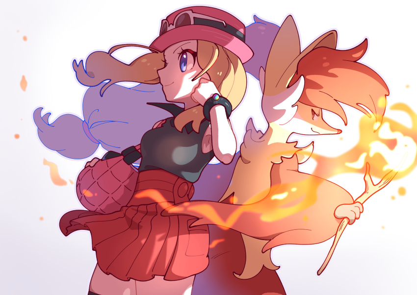 1girl animal_ears bag bare_shoulders black_shirt black_thighhighs blonde_hair blue_eyes delphox eyewear_on_head fire fox fox_ears gen_6_pokemon hat highres nintendo omochi_(omotimotittona3) pink_hat pokemon pokemon_(creature) pokemon_xy red_skirt serena_(pokemon) shirt skirt thighhighs wristband