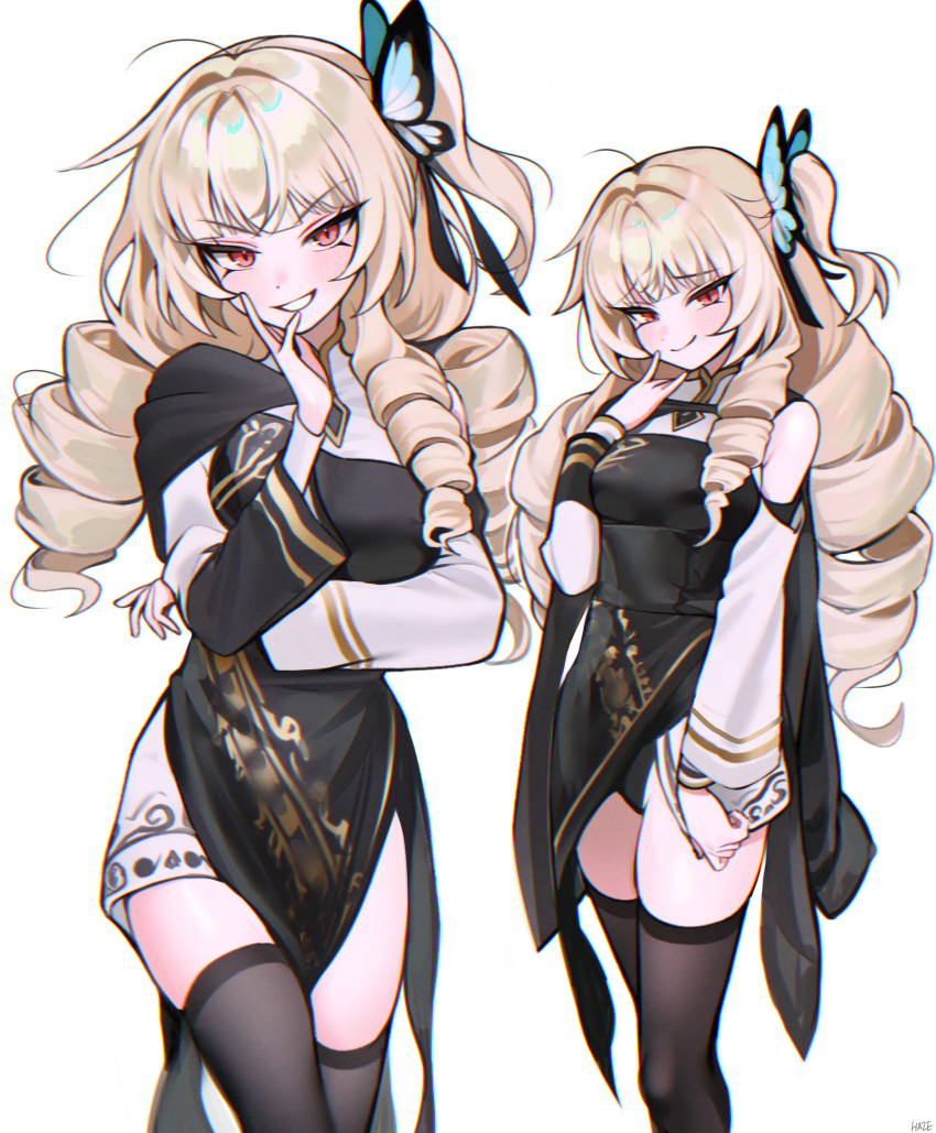 1girl absurdres black_dress black_panties black_thighhighs blonde_hair blush butterfly_hair_ornament china_dress chinese_clothes closed_mouth commentary_request cowboy_shot detached_sleeves dot_nose dress drill_hair facial_mark feet_out_of_frame hair_ornament hand_up haze_(7h4ze) highres long_hair multicolored_dress multiple_views original panties red_eyes simple_background smile solo teeth thighhighs thighs two-tone_dress underwear white_background white_dress white_sleeves