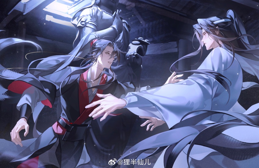 2boys aa820733 absurdres ahoge black_hair black_hanfu chinese_clothes commentary_request couple floating_clothes floating_hair grey_eyes hanfu headband highres imminent_hug indoors lan_wangji light_particles long_hair long_sleeves looking_at_another male_focus modao_zushi multiple_boys night parted_lips ponytail red_sash robe sash sidelocks smile smoke statue string upper_body very_long_hair watermark wei_wuxian weibo_watermark white_hanfu white_headband wide_sleeves yaoi yellow_eyes