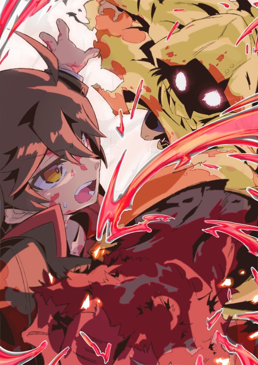 absurdres ahoge araragi_koyomi bakemonogatari black_hair blood blood_on_clothes blood_on_face blood_on_hands dark_persona fighting glowing glowing_eyes hair_between_eyes highres hood monkey monkey_arm monogatari_(series) mutsuki_riichi raincoat rainy_devil yellow_eyes yellow_raincoat