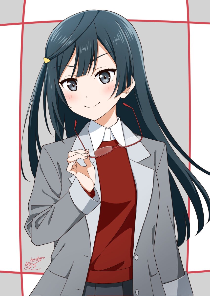 >:) 1girl black_skirt blue_hair casual closed_mouth coat collared_shirt commentary corrupted_twitter_file double-parted_bangs grey_background grey_coat grey_eyes hair_ornament haruharo_(haruharo_7315) highres holding holding_removed_eyewear long_sleeves love_live! love_live!_nijigasaki_high_school_idol_club love_live!_nijigasaki_high_school_idol_club_the_movie_-_finale official_alternate_costume one_side_up open_clothes open_coat over-rim_eyewear pleated_skirt red-framed_eyewear red_sweater semi-rimless_eyewear shirt signature skirt smile solo split_mouth sweater triangle_hair_ornament unworn_eyewear v-shaped_eyebrows white_shirt yuki_setsuna