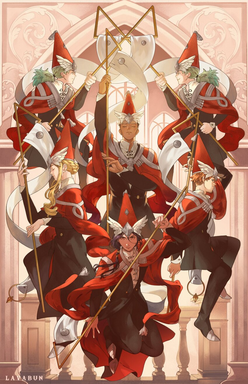 1girl 5boys black_hair blonde_hair brown_eyes closed_mouth dark-skinned_male dark_skin easthies_(tongari_boushi_no_atelier) ekoh_(tongari_boushi_no_atelier) etoran_(tongari_boushi_no_atelier) fighting_stance fingernails galga_(tongari_boushi_no_atelier) green_hair hat highres holding holding_weapon knights_moralis_uniform lavabun long_hair luluci_(tongari_boushi_no_atelier) multiple_boys multiple_others orange_hair red_eyes tongari_boushi_no_atelier utowin_(tongari_boushi_no_atelier) weapon