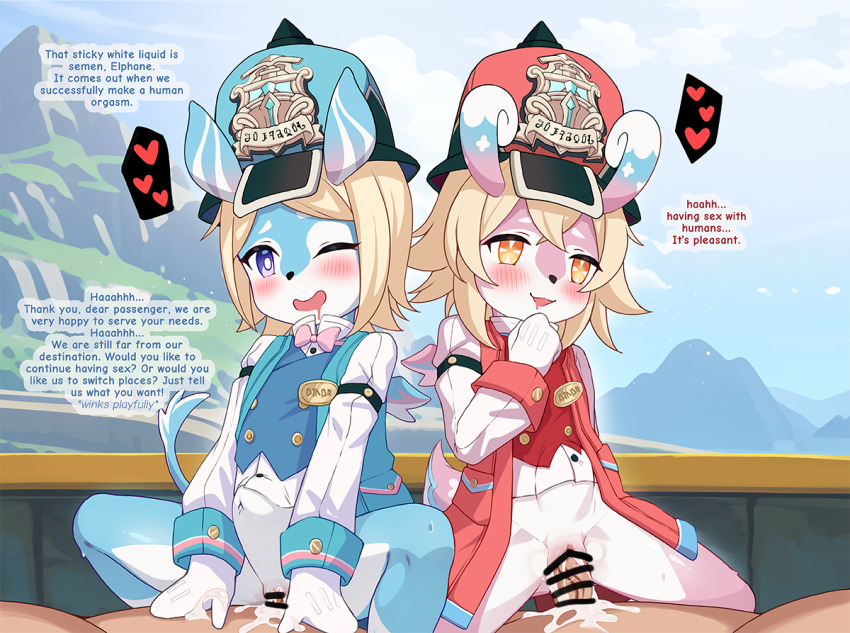 2boys 2girls aeval_(genshin_impact) bar_censor blue_fur blue_hat blue_jacket blue_vest blush bottomless censored closed_mouth commentary commission cum cum_in_pussy cum_overflow drooling elphane_(genshin_impact) english_commentary english_text furry furry_female genshin_impact group_sex hat heart jacket loli long_sleeves luxuriou_s melusine_(genshin_impact) mouth_drool multiple_boys multiple_girls navel one_eye_closed open_mouth orange_eyes orgy paid_reward_available penis pink_fur purple_eyes pussy pussy_juice red_hat red_jacket red_vest sex spoken_heart stomach_bulge vaginal variant_set veins veiny_penis vest