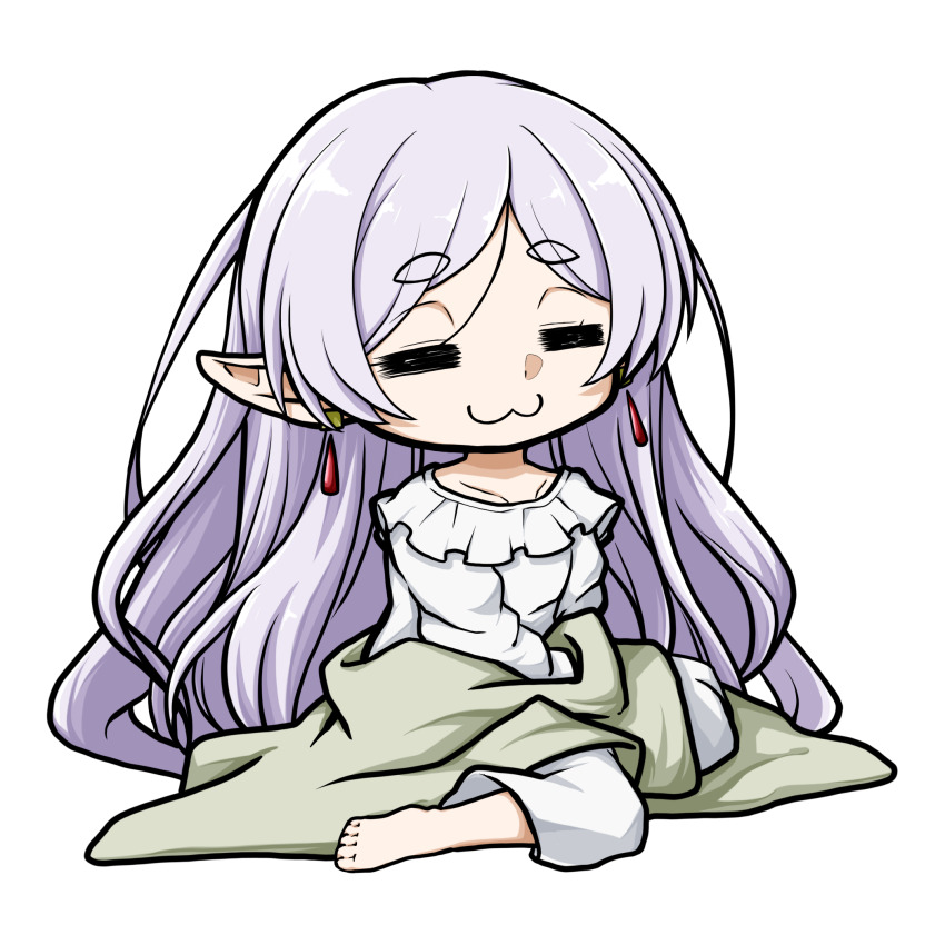 1girl :3 =_= barefoot chibi closed_eyes closed_mouth collarbone commentary dress earrings elf facing_viewer frieren frilled_dress frills full_body grey_hair highres jewelry kuena long_hair parted_bangs pointy_ears short_eyebrows simple_background sitting solo sousou_no_frieren teardrop_earrings thick_eyebrows very_long_hair white_background white_dress