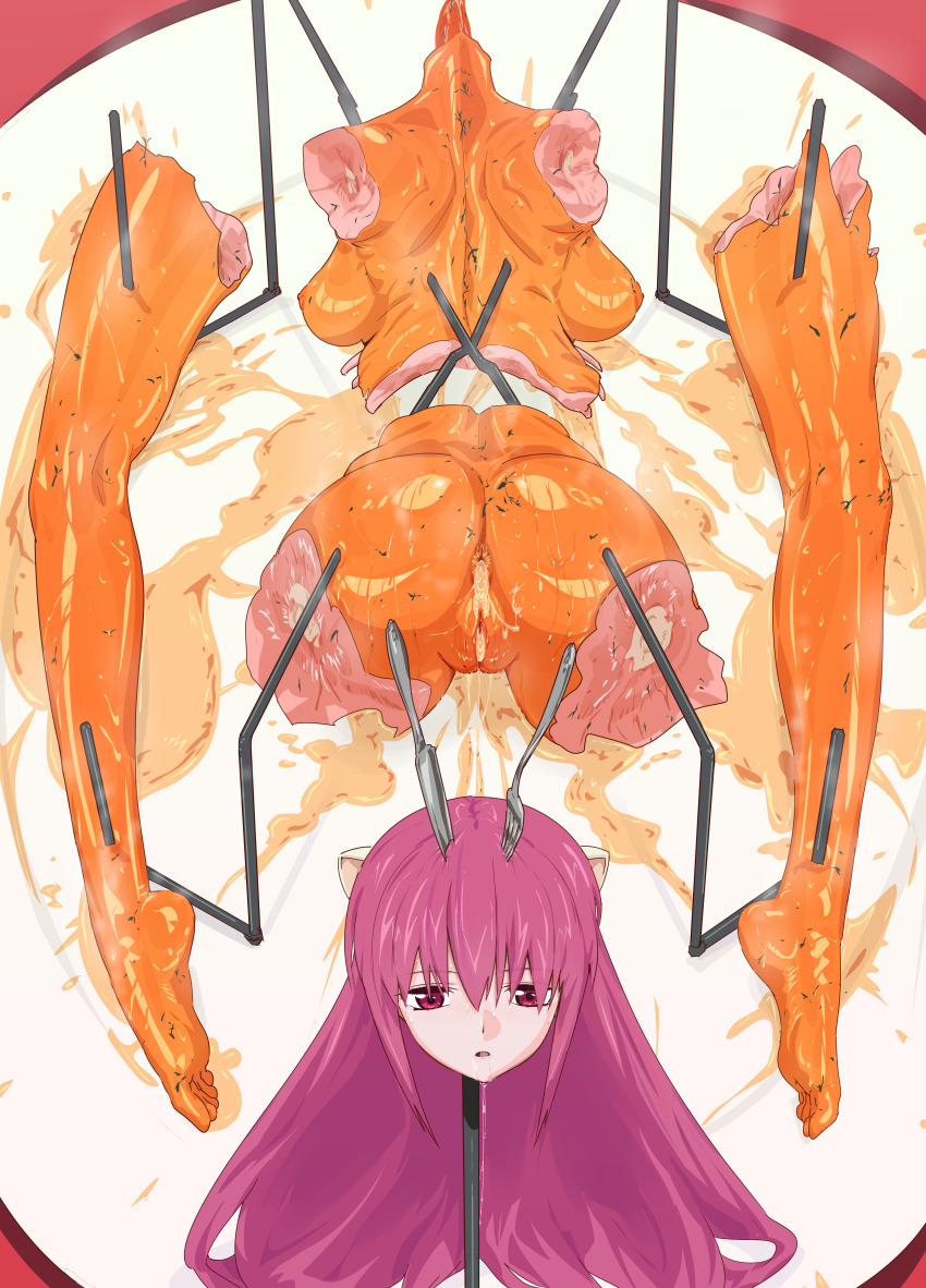 animal_ears cannibalism corpse death disembodied_hand dripping elfen_lied empty_eyes feet fork guro impaled john0819 knife liquid long_hair lucy_(elfen_lied) meat_juice pink_eyes plate severed_arm severed_head severed_leg severed_limb severed_torso shiny_skin stab sweat