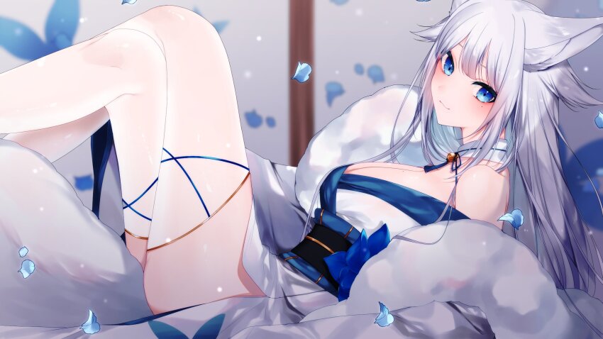 1girl animal_ears bell blue_eyes blush breasts cleavage commission detached_collar falling_petals fox_ears fox_girl fox_tail fur_(clothing) highres hk45_x indie_virtual_youtuber japanese_clothes jingle_bell kimono large_breasts leg_ribbon legs_up long_hair looking_at_viewer mole mole_under_eye neck_bell petals reclining ribbon sakae_izumi second-party_source see-through_clothes see-through_legwear skeb_commission smile solo tail thigh_ribbon thighhighs virtual_youtuber white_hair white_thighhighs