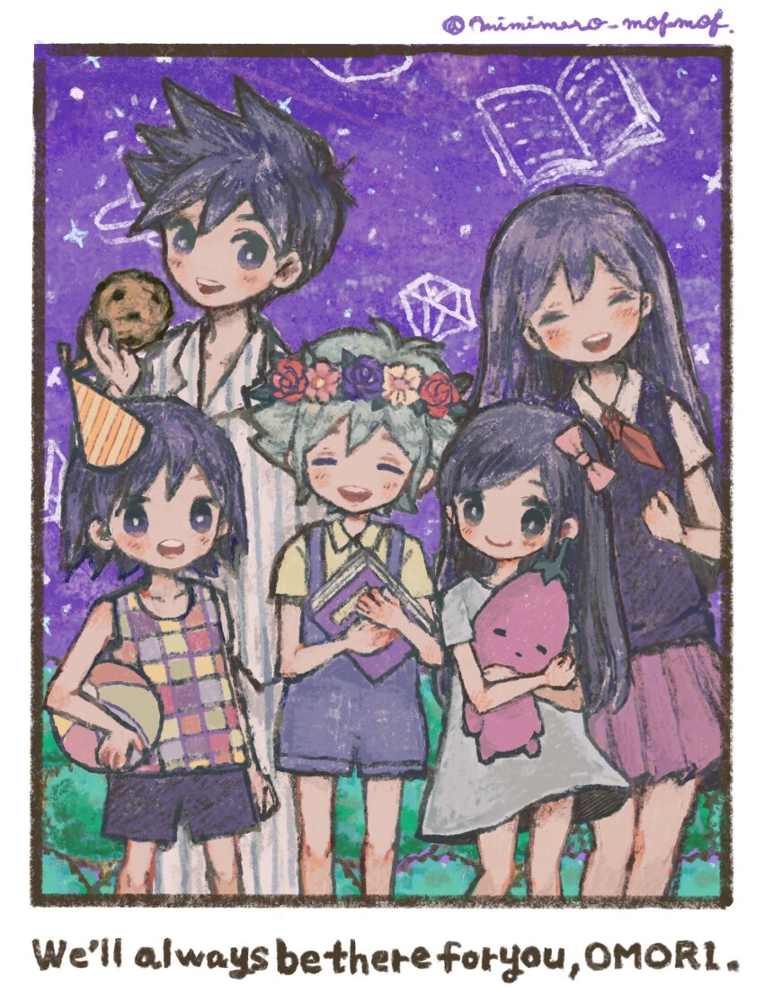 2girls 4boys :d ^_^ antenna_hair arm_at_side aubrey_(headspace)_(omori) aubrey_(omori) ball bare_arms bare_legs bare_shoulders basil_(headspace)_(omori) basil_(omori) beachball blue_hair blue_overalls blue_pants blue_shirt blush book border bow breasts bright_pupils brothers bush checkered_clothes checkered_shirt child chocolate_chip_cookie closed_eyes closed_mouth collared_shirt commentary_request cookie double-parted_bangs dress ecomimi english_text facing_viewer feet_out_of_frame flower flower_wreath food green_shirt grey_dress hair_behind_ear hair_between_eyes hair_bow hand_up hat hat_tip head_wreath hero_(headspace)_(omori) hero_(omori) highres holding holding_ball holding_beachball holding_book holding_cookie holding_food holding_stuffed_toy hugging_book hugging_object kel_(headspace)_(omori) kel_(omori) leaf long_hair looking_at_viewer mari_(headspace)_(omori) mari_(omori) miniskirt mr._plantegg_(omori) multiple_boys multiple_girls neckerchief no_nose no_sclera omori open_mouth orange_hat outdoors overall_shorts overalls pants party_hat pink_bow pleated_skirt purple_eyes purple_flower purple_hair purple_rose purple_shorts purple_skirt purple_sky purple_sweater_vest red_flower red_neckerchief red_rose rose shirt short_dress short_hair short_sleeves shorts siblings skirt sky sleeveless sleeveless_shirt small_breasts smile sparkle standing straight_hair striped_clothes striped_hat striped_pants striped_shirt stuffed_animal stuffed_eggplant stuffed_toy sweater_vest tareme teeth twitter_username two-tone_pants two-tone_shirt upper_teeth_only vertical-striped_clothes vertical-striped_pants vertical-striped_shirt very_short_hair white_border white_pants white_pupils white_shirt yellow_flower