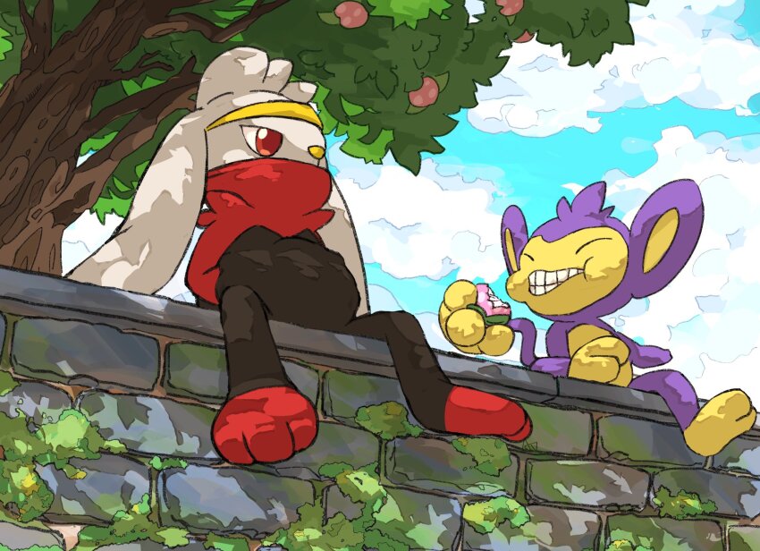 aipom animal_focus aomon_(yuuji7604) berry_(pokemon) blue_sky brick_wall chibikemo closed_eyes cloud eating gen_2_pokemon gen_8_pokemon highres leaf monkey moss nintendo no_humans pecha_berry pokemon pokemon_(creature) rabbit raboot red_eyes sitting sky teeth tree white_fur