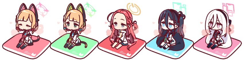 5girls animal_ear_headphones animal_ears aqua_halo black_hair black_hairband blonde_hair blue_archive blue_eyes blunt_bangs cat_ear_headphones cat_ears chibi chibi_only coat commentary_request cushion double-parted_bangs fake_animal_ears full_body game_development_department_(blue_archive) green_halo grey_eyes hair_between_eyes hairband halo headphones highres kei_(blue_archive) kei_(new_body)_(blue_archive) long_hair long_hair_between_eyes long_image midori_(blue_archive) momoi_(blue_archive) multiple_girls pink_eyes pink_halo rectangular_halo red_hair short_hair siblings simple_background sisters sitting tail twins white_hair wide_image yellow_halo yoru_nai yuzu_(blue_archive) zabuton