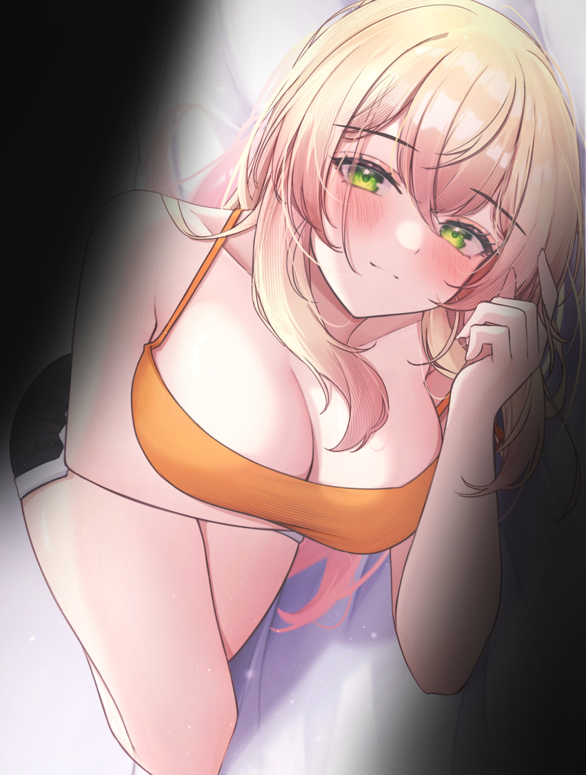 1girl absurdres bed_sheet black_shorts blonde_hair blush breasts camisole cleavage closed_mouth commentary crossed_bangs double-parted_bangs english_commentary green_eyes hair_between_eyes highres hololive large_breasts long_hair looking_at_viewer lying mofu07519 momosuzu_nene on_side orange_camisole pov short_shorts shorts smile solo virtual_youtuber