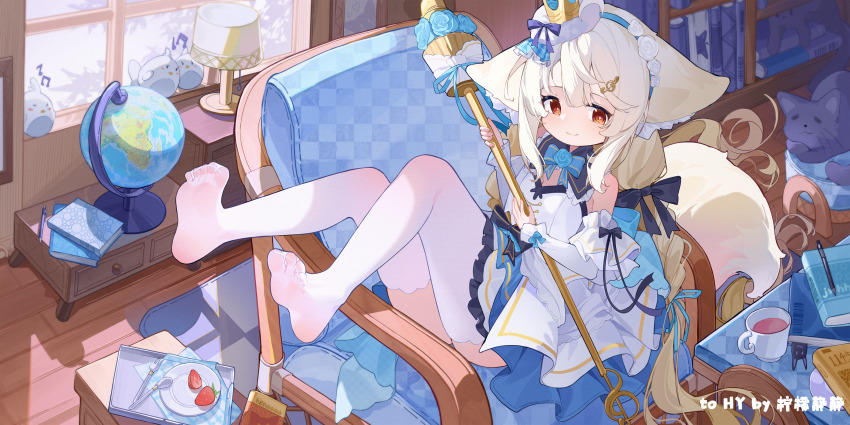 1girl absurdres armchair artist_name bare_shoulders bird black_bow black_collar blonde_hair blue_bow blue_bowtie blue_hair blue_hairband book bow bowtie breasts brown_hair cat chair chinese_commentary cleavage collar commentary_request crow cup day desk_lamp detached_sleeves dress feet flat_chest flower_hairband fluffy food foot_focus fork fortissimo frilled_collar frilled_dress frills from_above fruit full_body globe hair_bow hair_ornament hairband highres holding holding_staff indoors lamp long_hair long_sleeves low_twintails lying musical_note musical_note_hair_ornament ningmeng_jing_jing_jing_jing no_shoes on_back original pencil petite plate revision sakurada_shiro_(hy_plus) shelf solo spoken_musical_note spoon staff strawberry sunlight table tail thighhighs twintails very_long_hair white_dress white_sleeves white_thighhighs window window_shadow