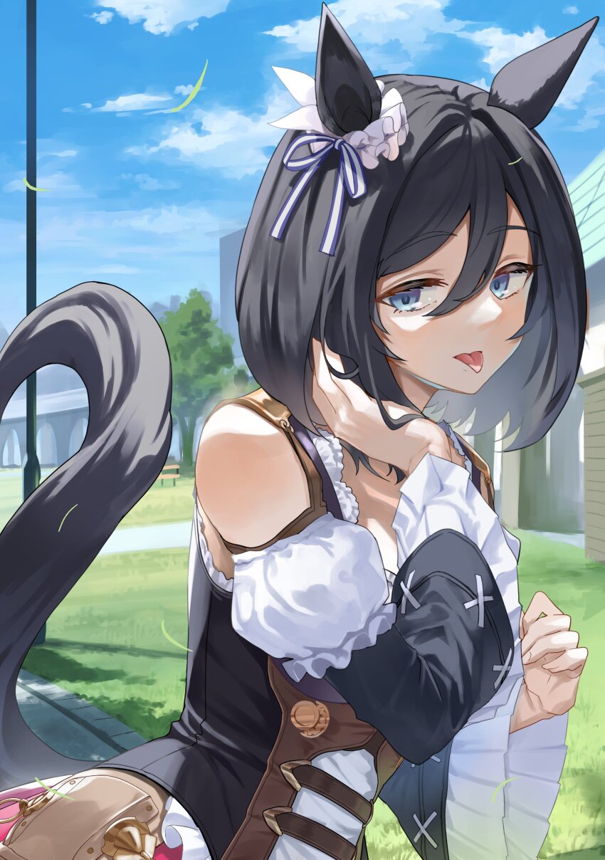 1girl absurdres animal_ears bird black_hair blue_eyes blue_sky bob_cut bodice bow breasts cloud commentary_request detached_sleeves dirndl ear_ribbon ear_scrunchie eishin_flash_(meisterschaft)_(umamusume) eishin_flash_(umamusume) german_clothes hair_between_eyes highres horse_ears horse_girl horse_tail long_sleeves looking_at_viewer outdoors photo-referenced scrunchie shiro3necro shirt short_hair skirt sky solo striped_clothes striped_skirt swept_bangs tail tongue tongue_out umamusume vertical-striped_clothes vertical-striped_skirt white_scrunchie white_shirt