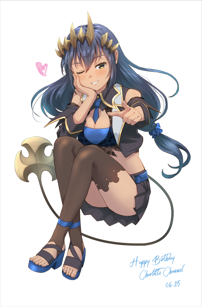 1girl ;d absurdres asymmetrical_horns bandeau between_breasts black_collar black_hair black_shirt black_skirt black_sleeves black_thighhighs black_vest blue_bandeau blue_necktie blue_scrunchie blue_shoes border breasts brown_horns collar commentary_request crop_top cropped_shirt cropped_vest crown dark-skinned_female dark_skin demon_girl demon_tail detached_collar detached_sleeves double-parted_bangs full_body gold_trim grin hair_ornament hair_scrunchie hand_on_own_cheek hand_on_own_face haniwa_(leaf_garden) happy_birthday head_rest highres horns invisible_chair lace-trimmed_sleeves lace_shirt lace_trim lapels long_hair long_sleeves looking_at_viewer low-tied_long_hair lowleg lowleg_skirt medium_breasts miniskirt nanashi_inc. necktie necktie_between_breasts notched_lapels one_eye_closed open-toe_shoes open_mouth pleated_skirt pointing pointing_at_viewer pointy_ears scrunchie shimamura_charlotte shimamura_charlotte_(1st_costume) shirt shoes sitting skirt sleeveless sleeveless_shirt smile solo spiked_horns stirrup_legwear tail thighhighs tied_shirt toeless_legwear vest virtual_youtuber yellow_eyes