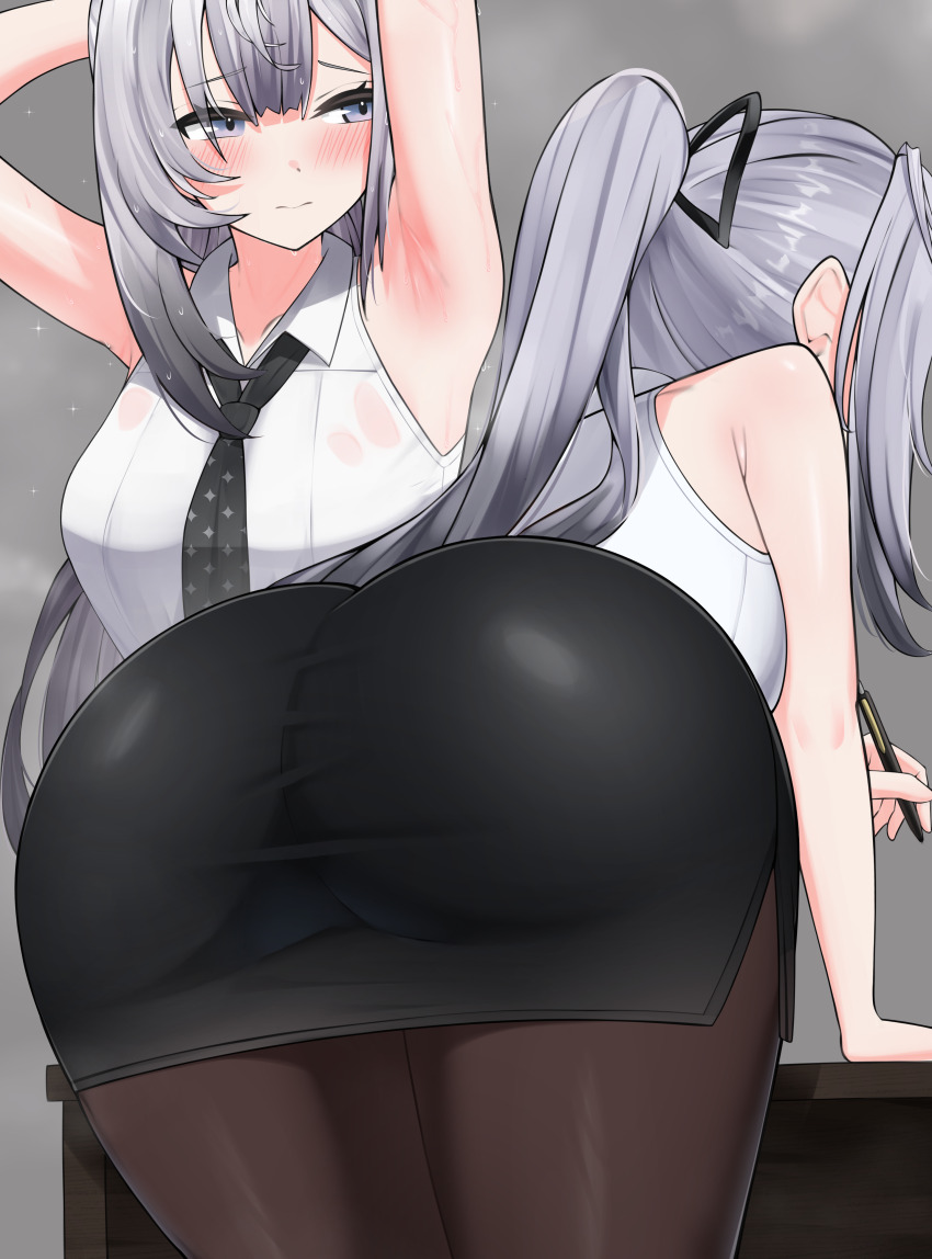 1girl absurdres armpit_crease armpits ass blush grey_background grey_eyes grey_hair hair_ribbon highres hololive hololive_indonesia long_hair multiple_views nobarts pantyhose pen pencil_skirt ponytail ribbon skirt sleeveless solo sweat vestia_zeta vestia_zeta_(businesswoman) virtual_youtuber