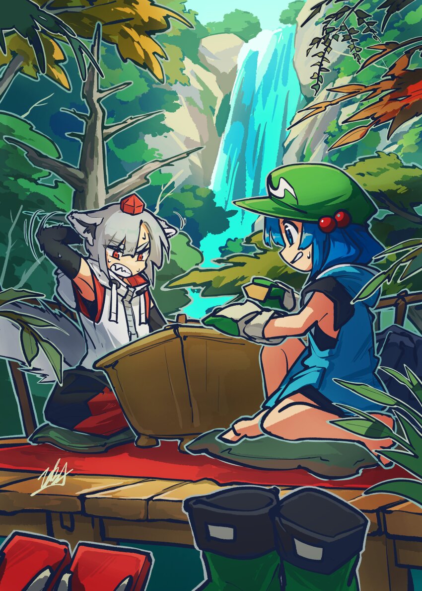 2girls absurdres alternate_costume animal_ears barefoot black_skirt blue_hair blue_hoodie boots clenched_teeth commentary_request doggo_1d34 geta gloves green_gloves green_hat grey_hair grey_hoodie hair_bobbles hair_ornament hat highres hood hoodie inubashiri_momiji kawashiro_nitori multiple_girls outdoors playing_games red_eyes red_hat sandals signature sitting skirt sweat tail teeth tengu-geta tokin_hat touhou tree two_side_up unworn_boots unworn_sandals water waterfall wolf_ears wolf_girl wolf_tail