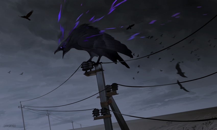 animal_focus artist_name beak bird black_feathers claws cloud commentary commentary_request crow dark fantasy feathers highres immorthis limited_palette magic muted_color utility_pole