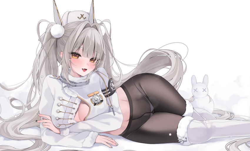 1girl absurdres black_pantyhose blanc_(fortune_express)_(nikke) blanc_(nikke) boots breasts coat commentary_request fur-trimmed_boots fur_trim goddess_of_victory:_nikke hat highres hiroside large_breasts long_hair looking_at_viewer lying official_alternate_costume official_alternate_hairstyle on_side open_mouth paid_reward_available panties panties_under_pantyhose pantyhose rabbit simple_background smile solo twintails underwear very_long_hair white_background white_boots white_coat white_hair white_hat white_panties white_rabbit_(animal) winter_clothes winter_coat yellow_eyes